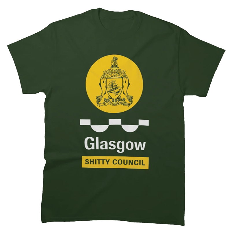 Glasgow Shitty Council t-shirt - green with yellow crest and text