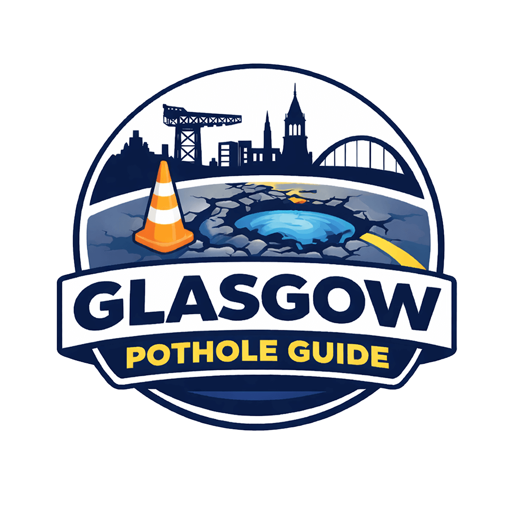 Glasgow Pothole Guide Logo - City skyline with pothole and traffic cone